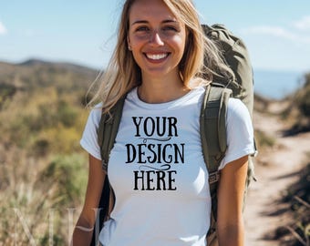 Gildan 5000 White T-Shirt Mockup | Boho Female Model (Digital Download)