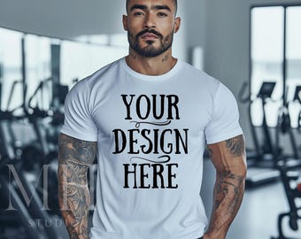 Bella Canvas 3001 White T-Shirt Mockup | Male Gym Model (Digital Download)