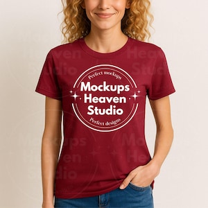Gildan 64000 Cardinal Red T-Shirt Mockup | G640 Cardinal Red Women&#39;s T-Shirt Mockup | Minimalist Unisex Tee Mockup | Digital Download JPG