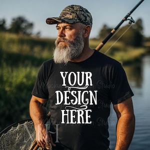 Black Bella Canvas 3001 Men's Black T-Shirt Mockup | Manly Male Angler Fisherman Model Mockup | Black Tee TShirt Mockups | Realistic Mockups