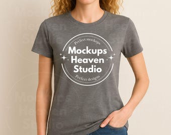 Mockup Gildan 64000 grafietgrijs gemêleerd T-shirt | Model T-shirt dames G640 grafietgrijs gemêleerd | Minimalistisch uniseks T-shirtmodel