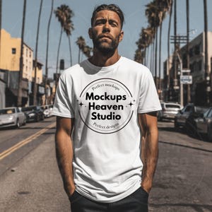 Gildan 5000 White T-Shirt Mockup | Oversized White Tee Mockup | Urban Streetwear Style | Men&#39;s Male Tshirt Mockup | Gildan 5000 Model Mockup