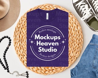 Bella Canvas 3001 Team Purple T-Shirt Mockup | Boho Flat Lay (Digital Download JPG)
