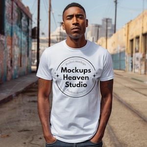 Gildan 5000 White T-Shirt Mockup | Oversized White Tee Mockup | Urban Streetwear Style | Men&#39;s Male Tshirt Mockup | Gildan 5000 Model Mockup