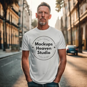 Gildan 5000 White T-Shirt Mockup | Oversized White Tee Mockup | Urban Streetwear Style | Men&#39;s Male Tshirt Mockup | Gildan 5000 Model Mockup
