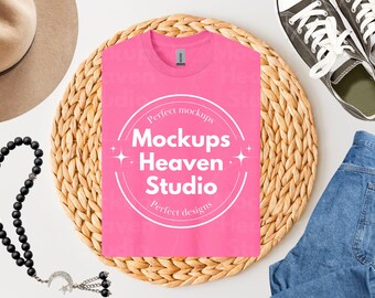 Safety Pink Gildan 5000 T-Shirt Mockup | Boho Flat Lay (Digital Download JPG)