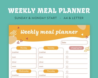 Puede incluir: Un planificador de comidas semanal imprimible con un fondo amarillo y naranja. El planificador incluye secciones para el desayuno, el almuerzo, la cena y los refrigerios para cada día de la semana. También hay una sección para una lista de compras.