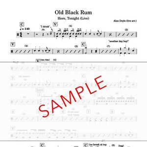 May include: Musical score for "Old Black Rum", subtitled "Here, Tonight (Live)", with Alan Doyle's name. The notation includes notes, rests, and tempo markings. The word "SAMPLE" is printed across the center of the page.