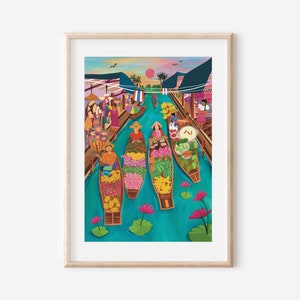 Thailand Floating Market Art Print, Floating Market, Bangkok Thailand Floating Market, Travel Illustration, Wall Art Print, Poster, Art Gift