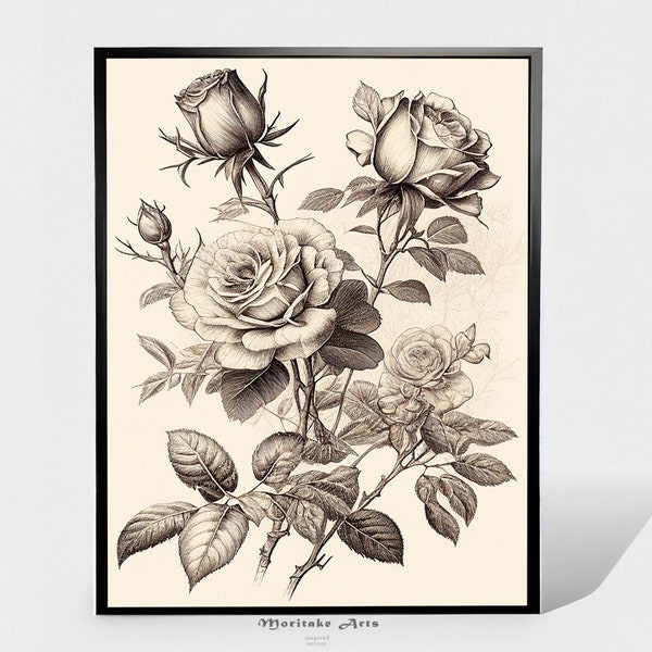 Rose Printable Pen and Ink Drawing, Vintage Botanical Art, Instant Download, Home Wall Decor