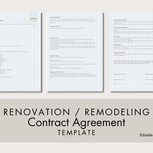 Peut inclure: Un modèle de contrat d'accord imprimable pour les projets de rénovation et de remodelage de maisons. Le modèle comprend des sections pour le calendrier du projet, les conditions de paiement, les garanties et la résolution des litiges. Le document est modifiable dans Canva et comporte 3 pages.