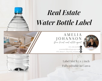 May include: A brown and white real estate agent business card template for a water bottle label. The template features a photo of a woman, contact information, and the text "Amelia Johanson, Your local real estate agent". The label size is 8.5 x 2 inches and is fully editable in Canva.