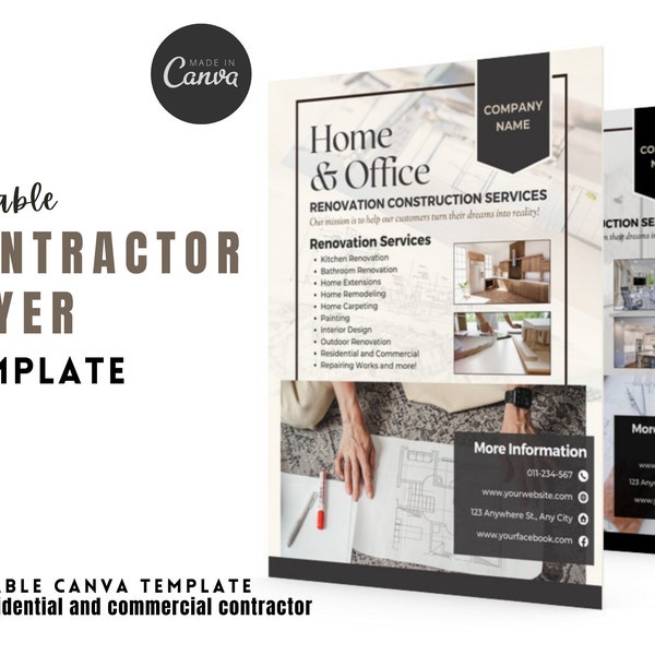 Contractor Flyer | Home Office Renovation Construction Service | Repairing Works | Interior Design Works | House Construction and Building