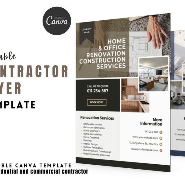 Contractor Flyer | Home Office Renovation Construction Service | Repairing Works | Interior Design Works | House Construction and Building