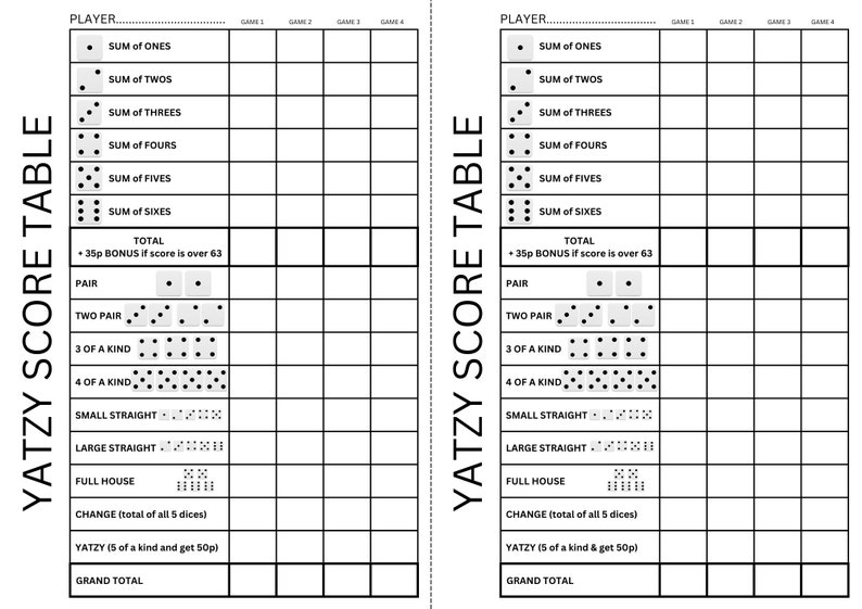 YATZY Yahtzee Score Table Scorecard Printable A4 Party Game Board Game