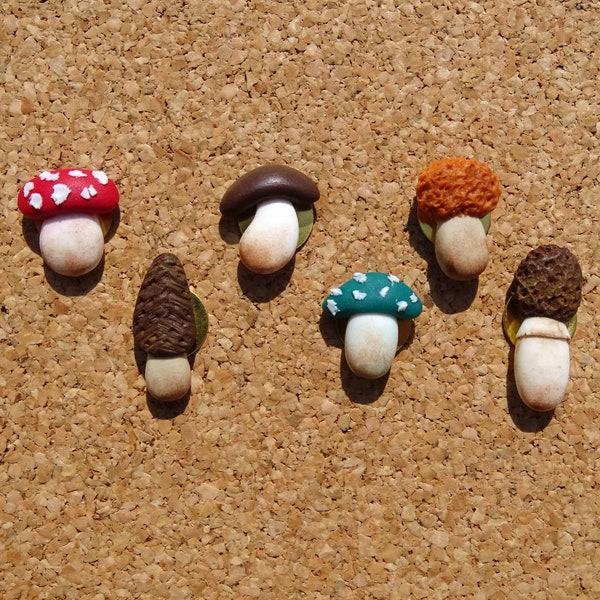 Mushroom Thumb Tacks Set of 6, Handmade Polymer Clay Push Pins for Bulletin and Notice Boards, Cozy Fall Office and School Supplies