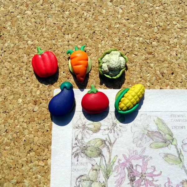 Vegetable Thumb Tacks Set of 6, Handmade Polymer Clay Push Pins for Bulletin and Notice Boards, Office and School Supplies with Veggies