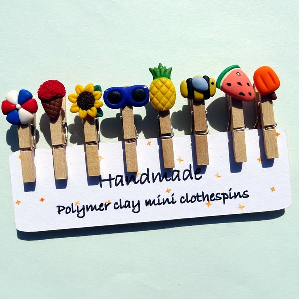 Summer Mini Clothespins Set of 8, Handmade Polymer Clay Pegs for Hanging Cards and Photos, Sunny Office and School Supplies