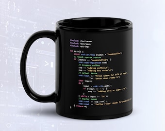 Taza con código C++ para preparar café, modo oscuro, divertida taza para programadores.