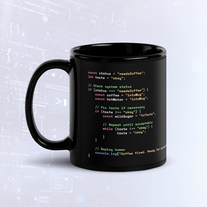 Kubek z kodem Java Script do przygotowywania kawy w trybie ciemnym, zabawny kubek programisty zdjęcie 1