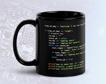 Python Tea Preparation Code Dark Mode Mug, Funny Programmer Mug