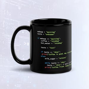 Taza con código de preparación de café en Python, modo oscuro, divertida taza para programadores