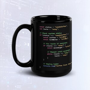 Kubek z kodem Java Script do przygotowywania kawy w trybie ciemnym, zabawny kubek programisty zdjęcie 4