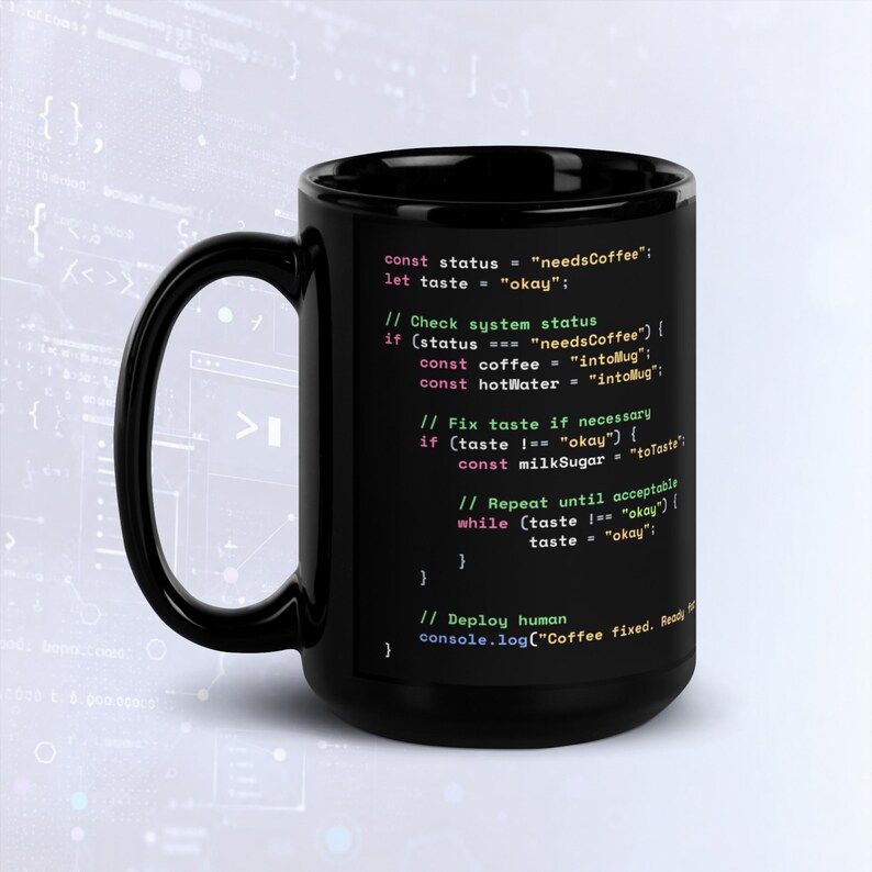 Kubek z kodem Java Script do przygotowywania kawy w trybie ciemnym, zabawny kubek programisty zdjęcie 4