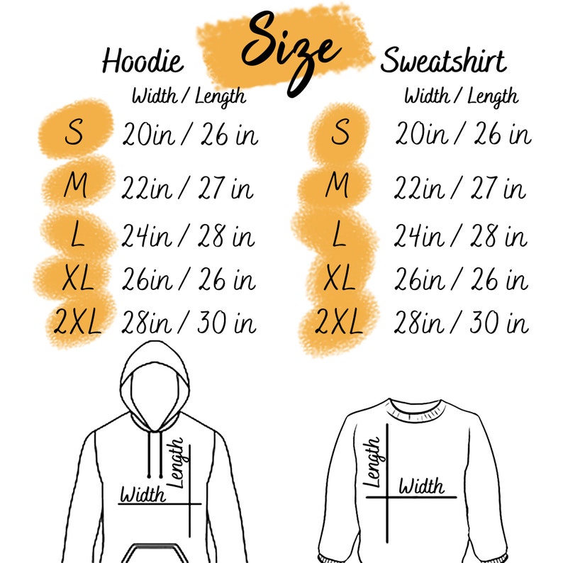 Op de afbeelding: Maattabel voor hoodies en sweatshirts. De tabel toont de breedte- en lengtemaat in inches voor de maten S, M, L, XL en 2XL.