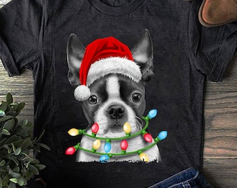 Boston Terrier Christmas T-Shirt: Santa Dog with Lights
