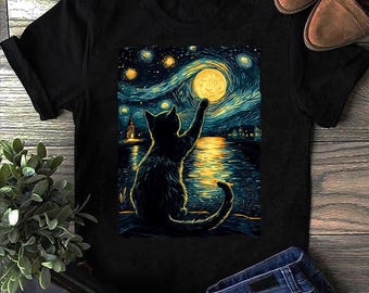 Starry Night Cat T-Shirt: Vincent Van Gogh Style, Black Cat Lover Gift