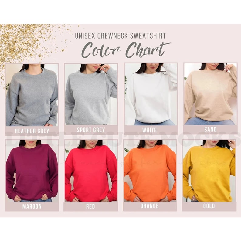 Op de afbeelding: Kleurenkaart met verschillende kleuren voor unisex crewneck sweatshirts. De kleuren zijn: Heather Grey, Sport Grey, Wit, Zand, Maroon, Rood, Oranje en Goud.