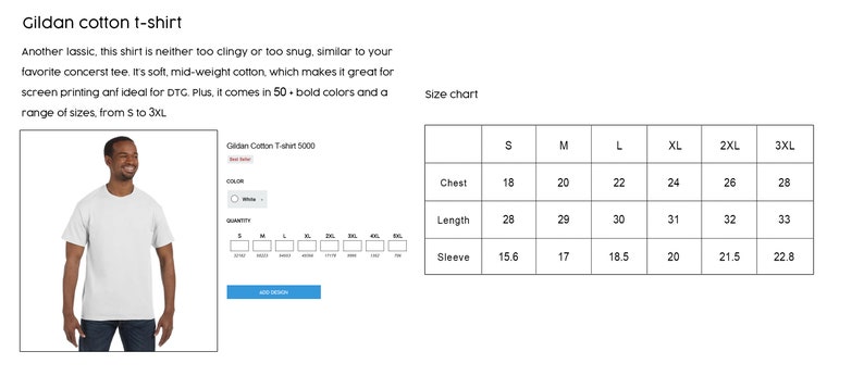Op de afbeelding: Een wit Gildan katoenen t-shirt wordt getoond op een persoon. De afbeelding bevat een maattabel met borstmaten van 45,7 tot 71,1 cm, lengtes van 71,1 tot 83,8 cm en mouwlengtes van 39,6 tot 57,9 cm. Het shirt is verkrijgbaar in de maten S tot 3XL.