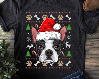 Boston Terrier Christmas T-Shirt: Dog Santa Hat Holiday Tee