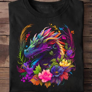 May include: A black t-shirt with a colorful graphic of a dragon's head surrounded by flowers. The dragon is purple, blue, and green, and the flowers are pink, yellow, and blue.