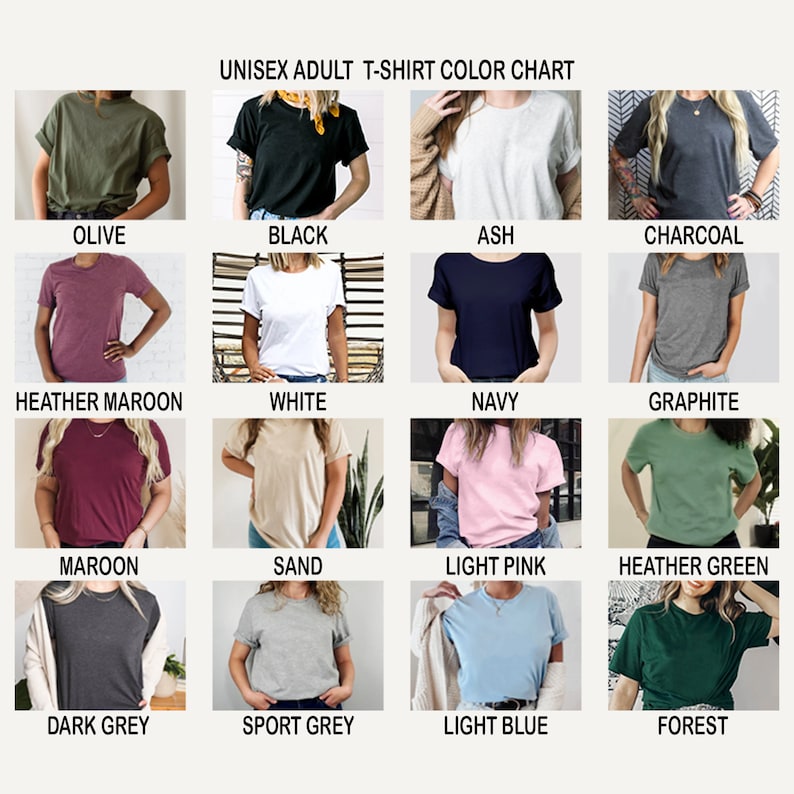 Op de afbeelding: Kleurenkaart met 16 verschillende T-shirt kleuren, waaronder olijf, zwart, as, antraciet, heide-maroon, wit, marine, grafiet, maroon, zand, lichtroze, heidegroen, donkergrijs, sportgrijs, lichtblauw en bosgroen.