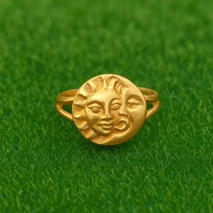 Celestial Sun and Moon Face Ring – Handmade Symbolic Boho Jewelry in Brass or Silver