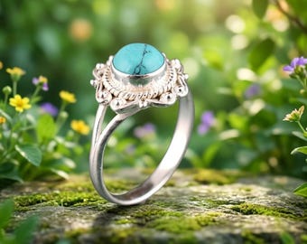 May include: A silver ring featuring a round, cabochon-cut turquoise stone with dark matrix veining. The stone is set in a bezel surrounded by a twisted rope border and a scalloped edge with small silver spheres. The band is smooth and polished.