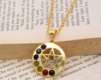 Gold Chakra Pendant Necklace, Seven Chakra Crystal Necklace, Spiritual Healing Jewelry, Yoga Meditation Gift, Boho Energy Necklace