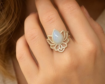 Moonstone Lotus Ring, Silver Lotus Ring, Boho Gemstone Ring, Gift for Her