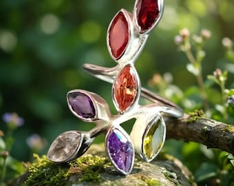 Rainbow Gemstone Ring, Multicolor Statement Ring, Sterling Silver Look Ring, Colorful Crystal Ring, Boho Cocktail Ring, Unique Gift for Her