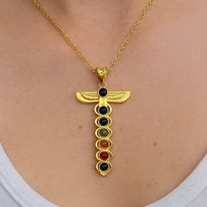 Gold Chakra Pendant Necklace – 7 Chakra Healing Energy Jewelry with Wing Design