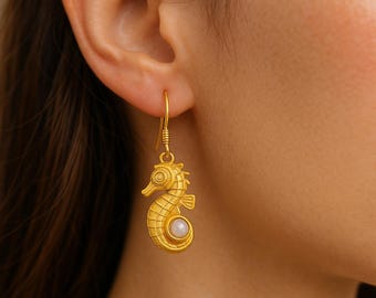 Gold Seahorse Dangle Earrings with Moonstone – Ocean-Inspired Jewelry for Women