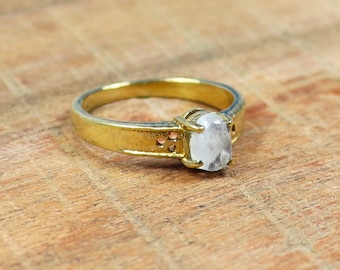 Minimalist Rainbow Moonstone Ring, Gold Filled Brass Ring, Handmade Natural Gemstone Jewelry, Oval Shape Stone Ring, Gift For Her
