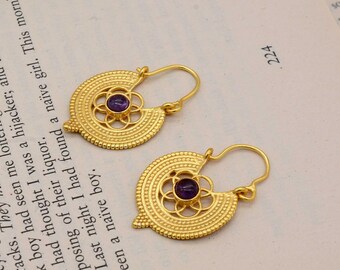 Amethyst Edelstein Tropfen Gold Ohrring Ohrringe Messing Ohrringe Zigeuner Ohrringe Rund Ohrringe Hochzeit Ohrringe Vintage Ohrringe
