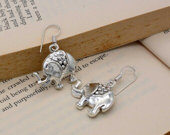 Dangly elephant earrings, silver plated nickel free, hypoallergenic