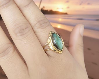 Labradorit-Marquise-Ring, Goldring mit Edelstein, verstellbarer Kristallring, Boho-Statement-Ring, handgefertigtes Schmuckgeschenk für Damen