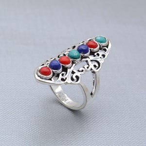 Silver Filigree Ring with Multi Gemstone Inlay – Long Tribal Statement Ring