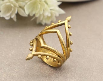 Tribal Chevron Design Ring, Unique Design Ring, Gold Plated Brass Ring, Chevron Gold Ring