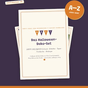 Puede incluir: Un conjunto de decoración de fiesta de Halloween imprimible con un documento color crema con el texto 'Das Halloween-Deko-Set', 'BUH!' y 'ZAUBERPOSTSTUDIO'. El set incluye guirnaldas, etiquetas, adornos y tarjetas de mesa con un icono de calabaza.